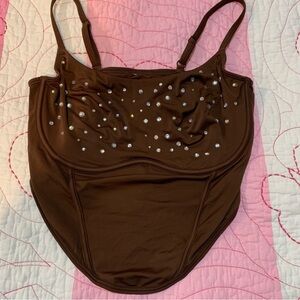 Brown Pink Corset Top with rhinestone Accents